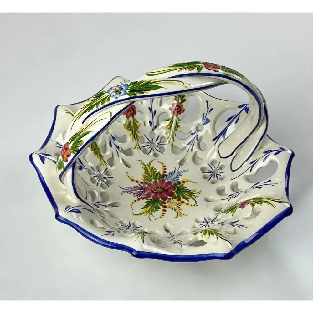 Vtg RCCL Ceramic Hand Painted Floral Blue Fruit Basket w Braided Handle Portugal